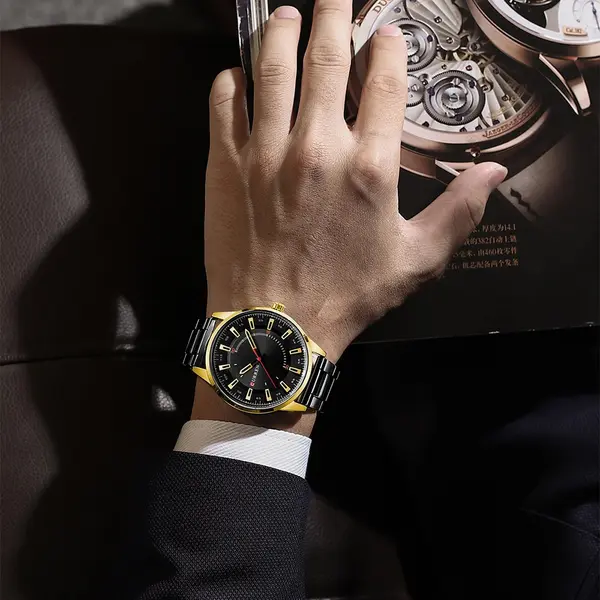 Curren 8406 Luxury Stainless Steel Quartz Casual Fashion Men's Watch – Dial Color: Black Gold, Strap Color: Black – View 5