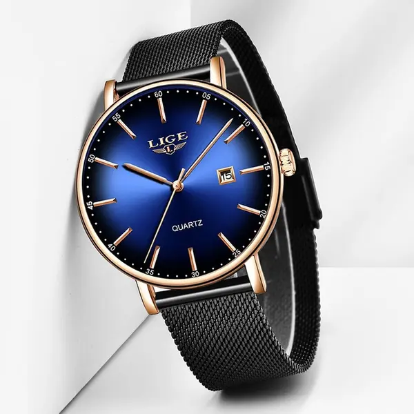 LIGE 9934 Analog Stainless Steel Mesh Belt Luxury Women's Watch – Dial Color: Blue, Strap Color: Black – View 2