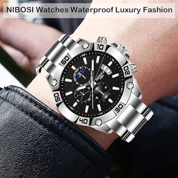 Nibosi 2502 Luxury Stainless Steel Strap With Luminous Men's Watch – Dial Color: Silver, Strap Color: Silver – View 4