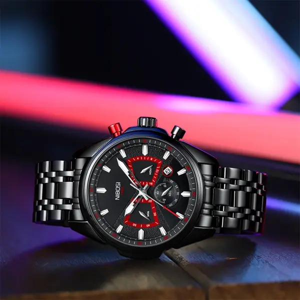 Nibosi 2508 Luxury Stainless Steel Luminous Needles Men's Watch – Dial Color: Black, Strap Color: Black – View 3