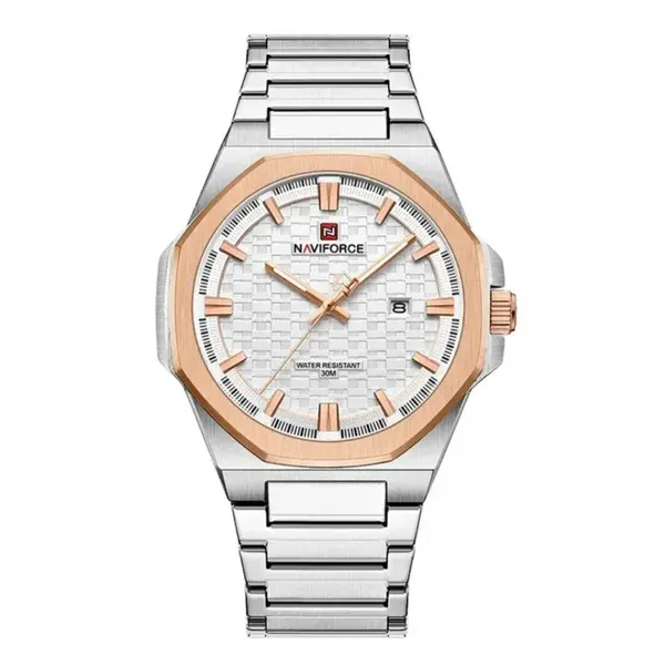 NAVIFORCE NF9245 Steel Strap Polygonal Design Analog Men's Watch – Dial Color: Silver, Strap Color: Silver – View 1