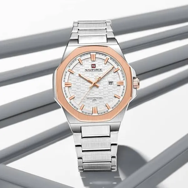 NAVIFORCE NF9245 Steel Strap Polygonal Design Analog Men's Watch – Dial Color: Silver, Strap Color: Silver – View 3
