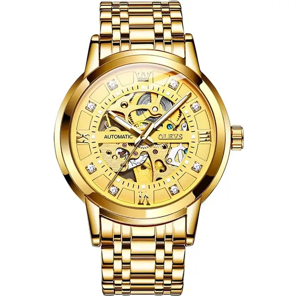 Olevs 9901 Diamond Hour Marker Stainless Steel Hollow Mechanical Men's Watch – Dial Color: Gold, Strap Color: Gold  – View 1