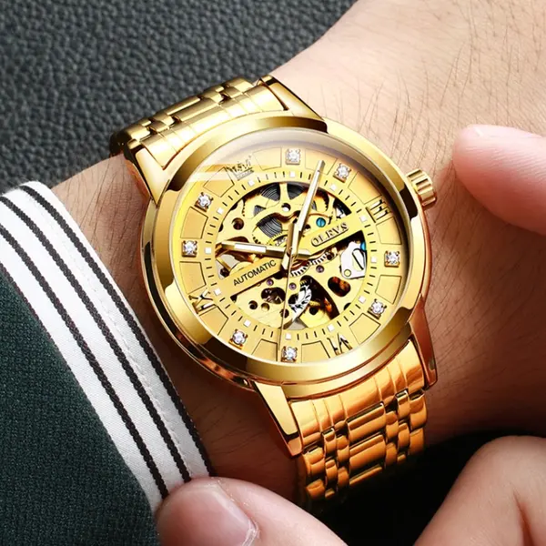 Olevs 9901 Diamond Hour Marker Stainless Steel Hollow Mechanical Men's Watch – Dial Color: Gold, Strap Color: Gold  – View 3