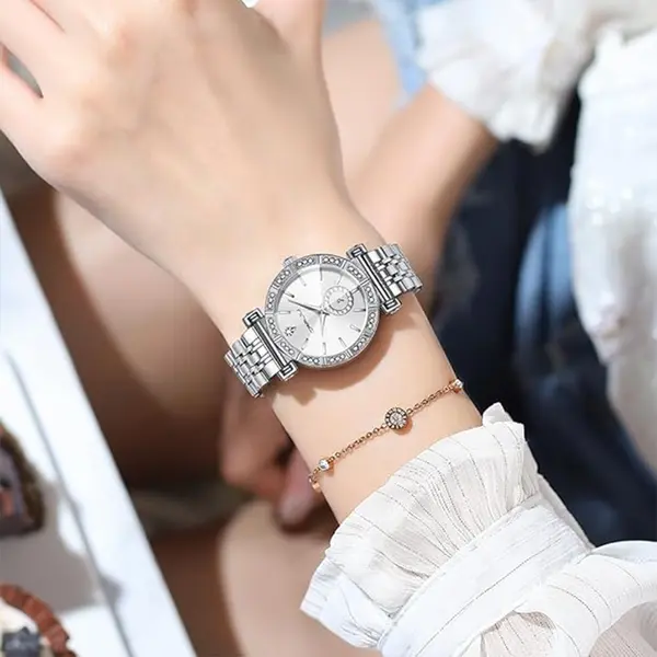 CRRJU 2494 Classic Fashion Rhinestone Diamond Movement Analog Dress  Women Watch – Dial Color: White, Strap Color: Silver – View 5