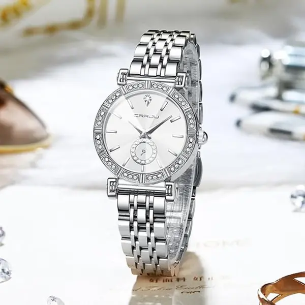 CRRJU 2494 Classic Fashion Rhinestone Diamond Movement Analog Dress  Women Watch – Dial Color: White, Strap Color: Silver – View 3