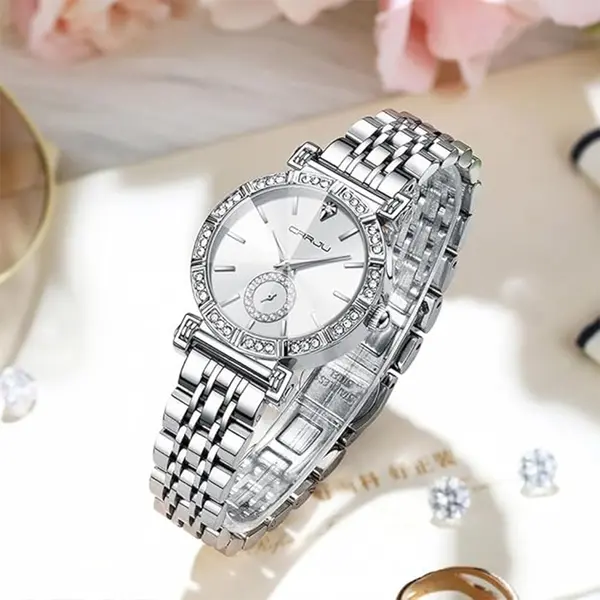 CRRJU 2494 Classic Fashion Rhinestone Diamond Movement Analog Dress  Women Watch – Dial Color: White, Strap Color: Silver – View 4