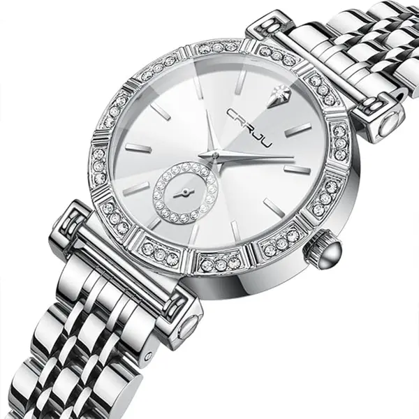 CRRJU 2494 Classic Fashion Rhinestone Diamond Movement Analog Dress  Women Watch – Dial Color: White, Strap Color: Silver – View 2