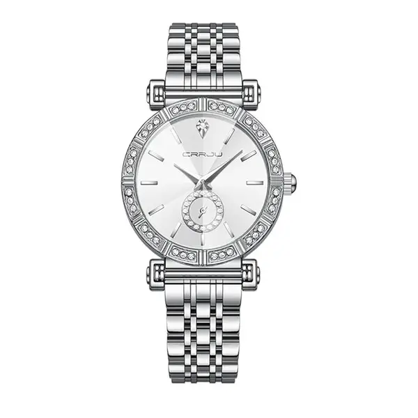 CRRJU 2494 Classic Fashion Rhinestone Diamond Movement Analog Dress Women Watch – Dial Color: White, Strap Color: Silver – View 1