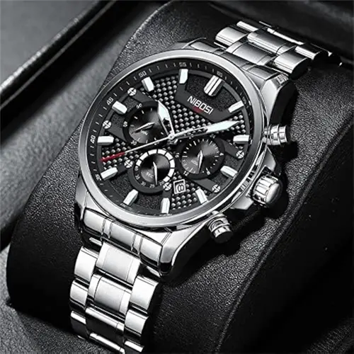 Nibosi 2512 High Quality Stainless Steel & Multifunction Chronograph Men's Watch – Dial Color: Black, Strap Color: White – View 4