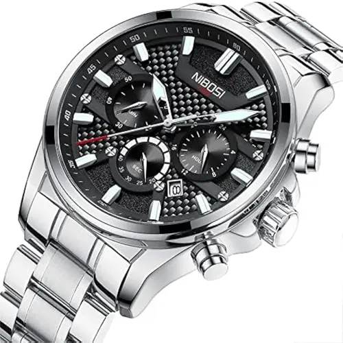 Nibosi 2512 High Quality Stainless Steel & Multifunction Chronograph Men's Watch – Dial Color: Black, Strap Color: White – View 3