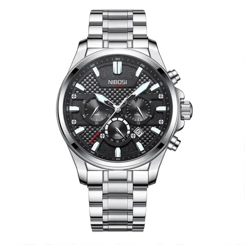 Nibosi 2512 High Quality Stainless Steel & Multifunction Chronograph Men's Watch – Dial Color: Black, Strap Color: White – View 1