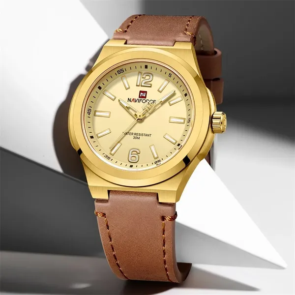 NAVIFORCE NF9233 Genuine Leather Strap Quartz Comfortable Men's Watch – Dial Color: Gold, Strap Color:  Brown  – View 2