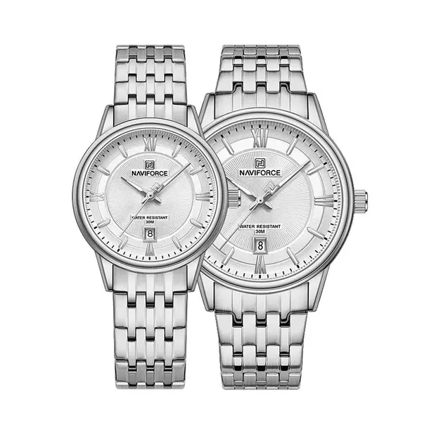Naviforce NF8040 High Quality Stainless Steel Classic Quartz Fashion Couple's Watch – Dial Color: Silver, Strap Color: Silver – View 1