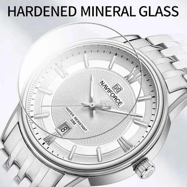 Naviforce NF8040 High Quality Stainless Steel Classic Quartz Fashion Couple's Watch – Dial Color: Silver, Strap Color: Silver – View 5
