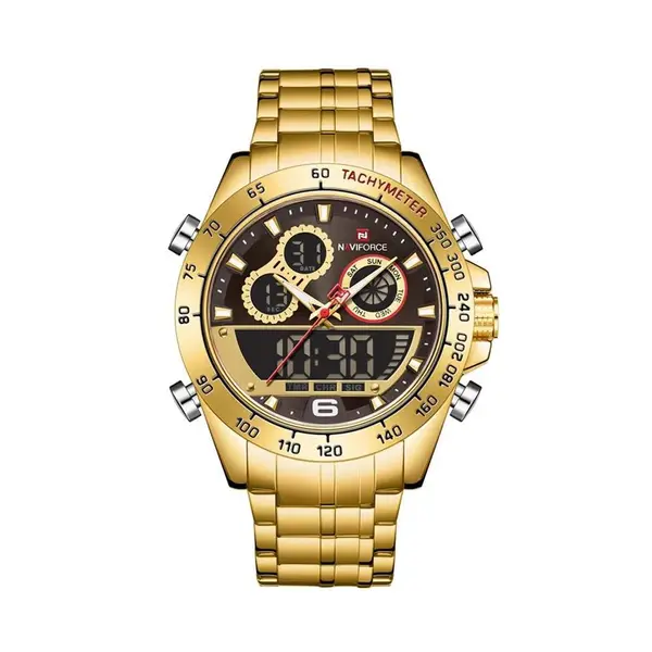 Naviforce NF9188 Luxury Stainless Steel Strap Analog Digital Sports Men's Watch – Dial Color: Gold, Strap Color: Gold  – View 1