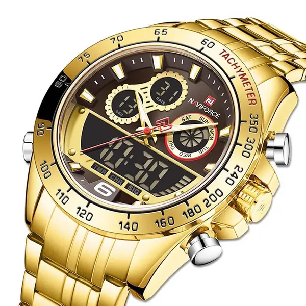 Naviforce NF9188 Luxury Stainless Steel Strap Analog Digital Sports Men's Watch – Dial Color: Gold, Strap Color: Gold  – View 2