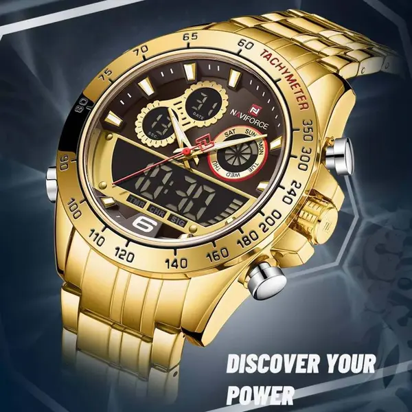 Naviforce NF9188 Luxury Stainless Steel Strap Analog Digital Sports Men's Watch – Dial Color: Gold, Strap Color: Gold  – View 4