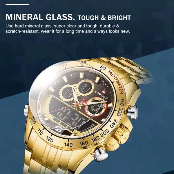 Naviforce NF9188 Luxury Stainless Steel Strap Analog Digital Sports Men's Watch – Dial Color: Gold, Strap Color: Gold  – View 5