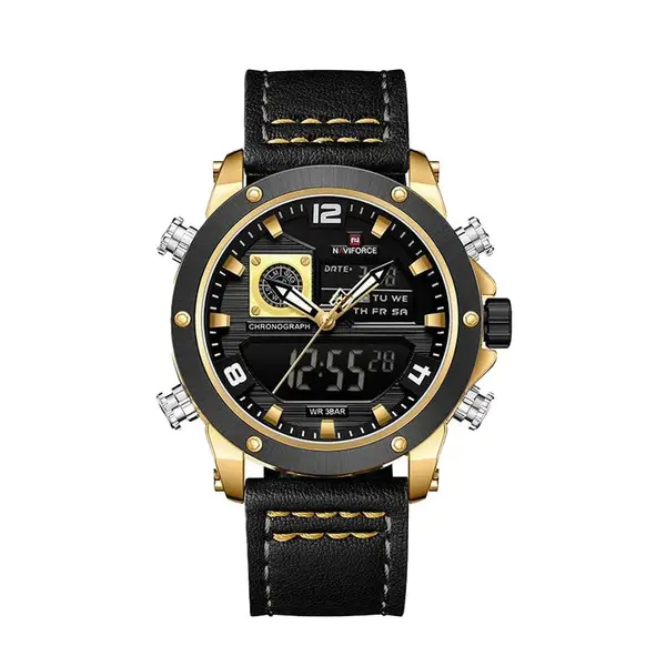 Naviforce NF9236 Military Style Comfortable Leather Strap Dual Movement Sports Men’s Watch – Dial Color: Gold, Strap Color: Black – View 1