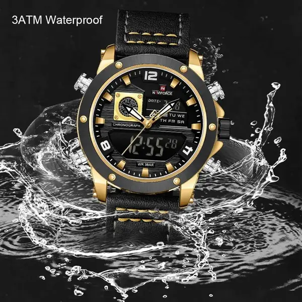 Naviforce NF9236 Military Style Comfortable Leather Strap Dual Movement Sports Men’s Watch – Dial Color: Gold, Strap Color: Black – View 3