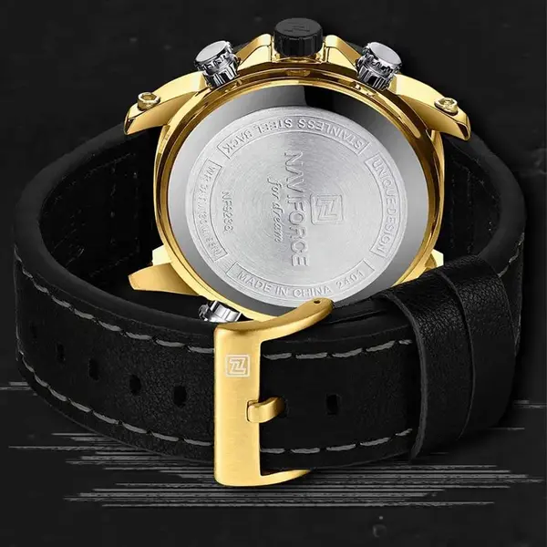 Naviforce NF9236 Military Style Comfortable Leather Strap Dual Movement Sports Men’s Watch – Dial Color: Gold, Strap Color: Black – View 4