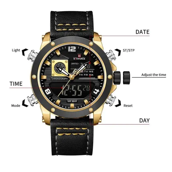 Naviforce NF9236 Military Style Comfortable Leather Strap Dual Movement Sports Men’s Watch – Dial Color: Gold, Strap Color: Black – View 5