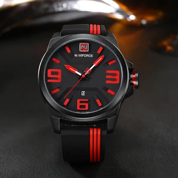 NAVIFORCE 9098 Quartz Sport Waterproof Silicone Men's Watch – Dial Color: Red, Strap Color: Black – View 3