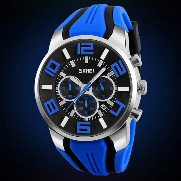 SKMEI 9128 PU Leather Analog Stylish Sporty Men's Watch – Dial Color: Black, Strap Color: Blue – View 3