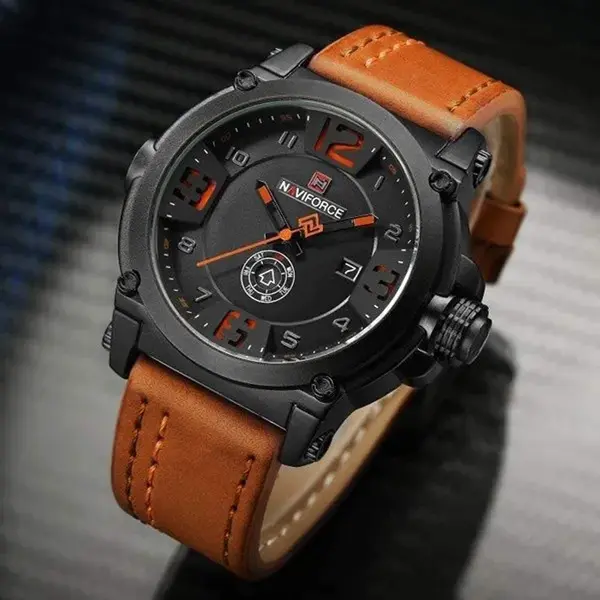 Naviforce NF9099 Luxury Leather Strap Chronograph Casual Male Fashion Watch – Dial Color: Black, Strap Color: Orange – View 2
