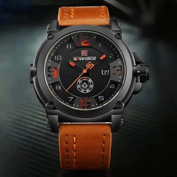 Naviforce NF9099 Luxury Leather Strap Chronograph Casual Male Fashion Watch – Dial Color: Black, Strap Color: Orange – View 3