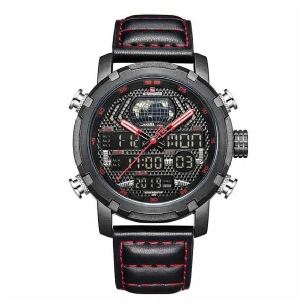 Naviforce NF9160 PU Leather Dual Time Men’s Wrist Watch – Dial Color: Red, Strap Color: Black – View 1