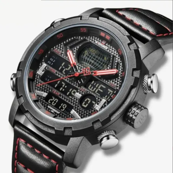 Naviforce NF9160 PU Leather Dual Time Men’s Wrist Watch – Dial Color: Red, Strap Color: Black – View 2
