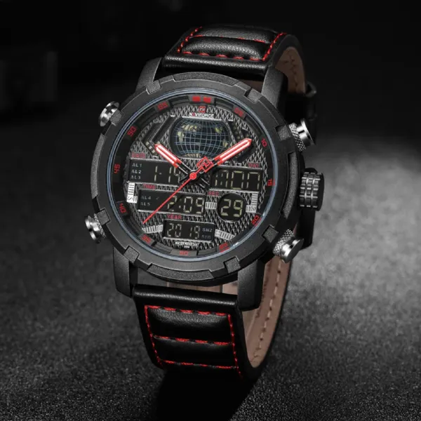 Naviforce NF9160 PU Leather Dual Time Men’s Wrist Watch – Dial Color: Red, Strap Color: Black – View 3