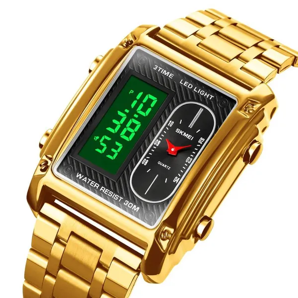 SKMEI 1868 Multiple Time Digital Analog Men's Watch – Dial Color: Gold, Strap Color: Gold – View 2