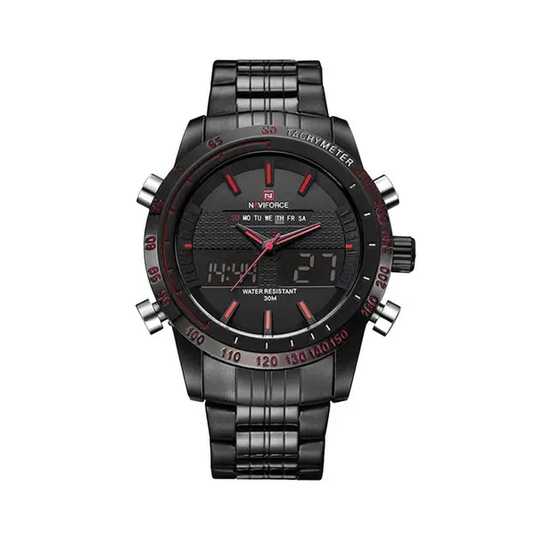 Naviforce NF9024 Luxury Stainnless Steel Dual Display Sport Men's Watch – Dial Color: Red, Strap Color: Black – View 1