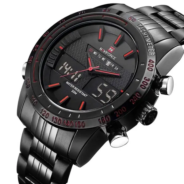 Naviforce NF9024 Luxury Stainnless Steel Dual Display Sport Men's Watch – Dial Color: Red, Strap Color: Black – View 2