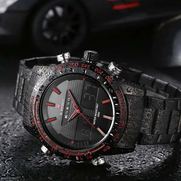 Naviforce NF9024 Luxury Stainnless Steel Dual Display Sport Men's Watch – Dial Color: Red, Strap Color: Black – View 3