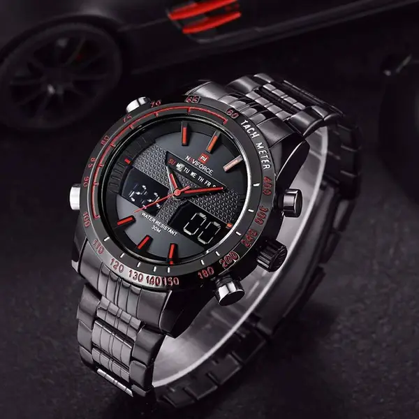 Naviforce NF9024 Luxury Stainnless Steel Dual Display Sport Men's Watch – Dial Color: Red, Strap Color: Black – View 4