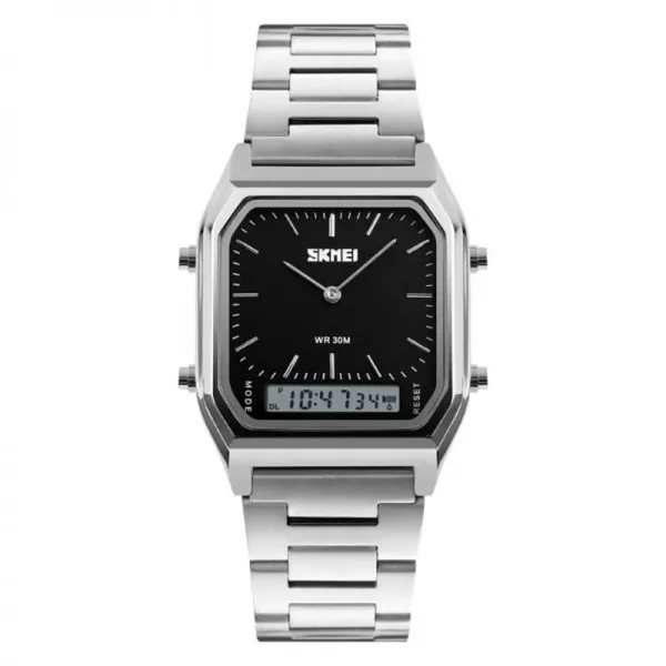 Skmei 1220 Stianless Steel Dual Display Digital Men's Watch – Dial Color: Black, Strap Color: Silver – View 1