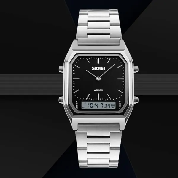 Skmei 1220 Stianless Steel Dual Display Digital Men's Watch – Dial Color: Black, Strap Color: Silver – View 3