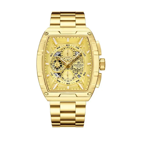 Naviforce 8066 High Quality Stainless Steel Chronograph Analog Men's Watch – Dial Color: Gold, Strap Color: Gold – View 1