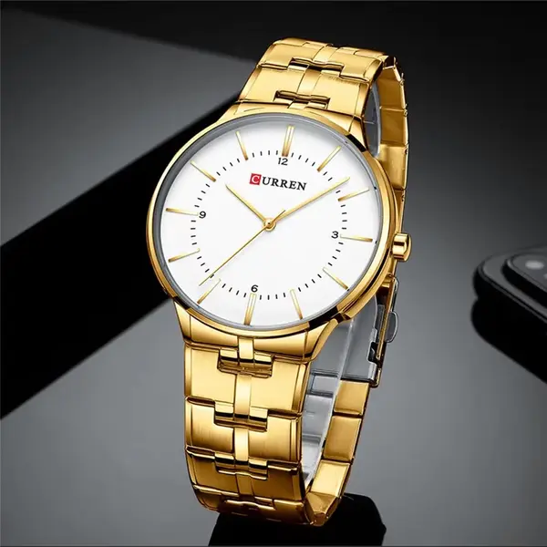 Curren 8321 High Quality Stainless Steel Waterproof Analog Men's Watch – Dial Color: White, Strap Color: Gold – View 2