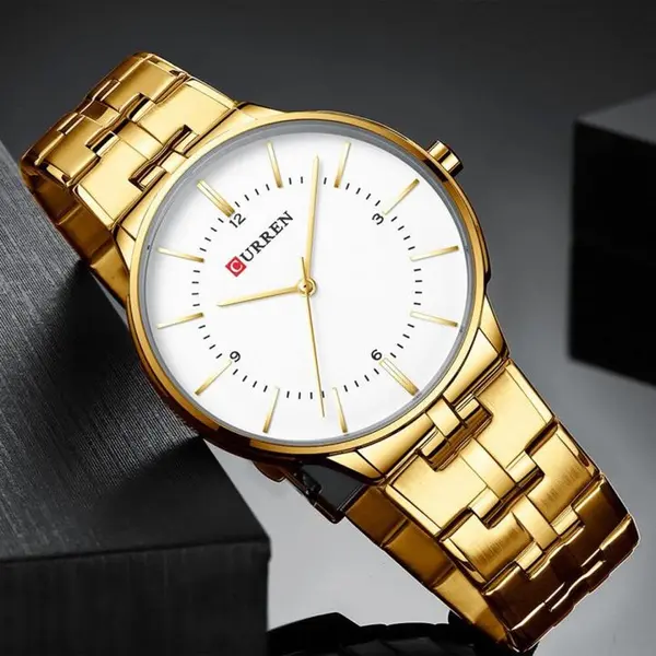 Curren 8321 High Quality Stainless Steel Waterproof Analog Men's Watch – Dial Color: White, Strap Color: Gold – View 3