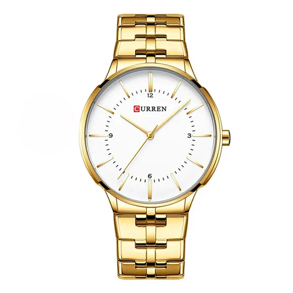 Curren 8321 High Quality Stainless Steel Waterproof Analog Men's Watch – Dial Color: White, Strap Color: Gold – View 1