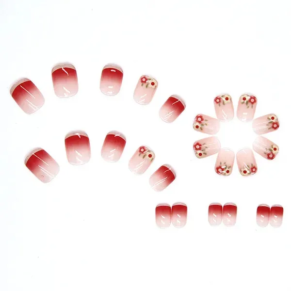 Front White Border Flower Print Artificial Fake Nail 24pc – View 1