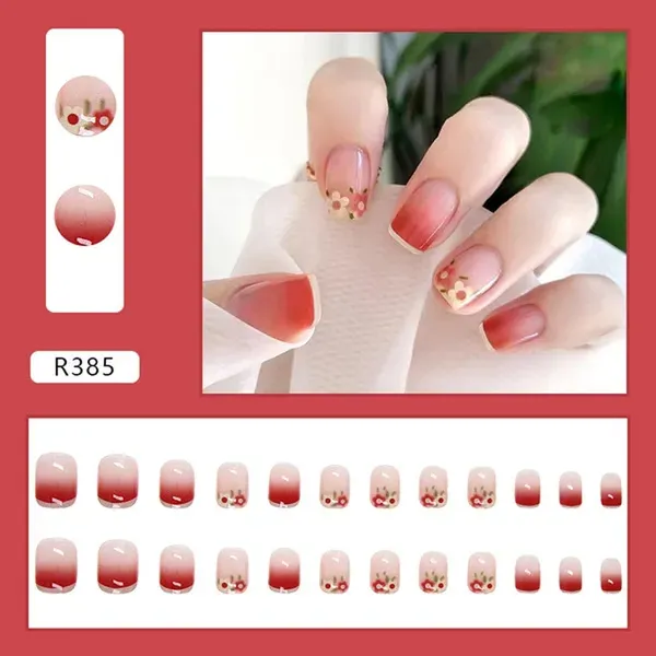 Front White Border Flower Print Artificial Fake Nail 24pc – View 3