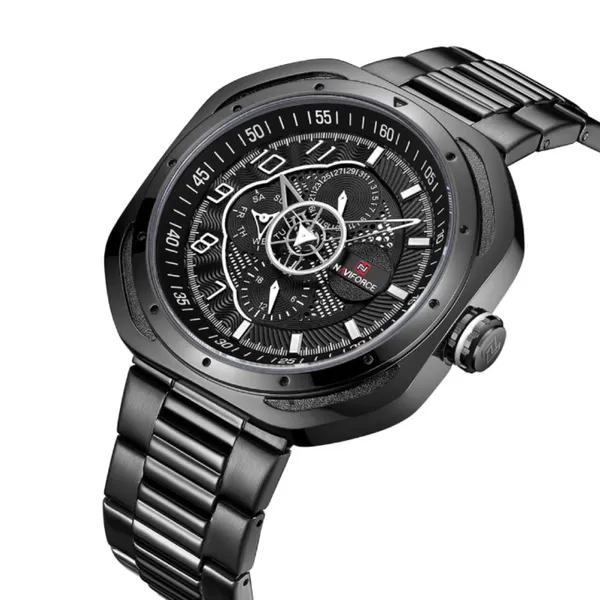 Naviforce NF9141 Luxury Stainless Steel Chronograph Men's Watch  – Dial Color: Black, Strap Color: Black – View 2