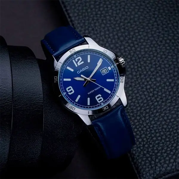 CASIO MTP-V004L-1BUDF Classic Leather Strap Stainless Steel Men's Analog Quartz Watch – Dial Color: Blue, Strap Color: Blue – View 7