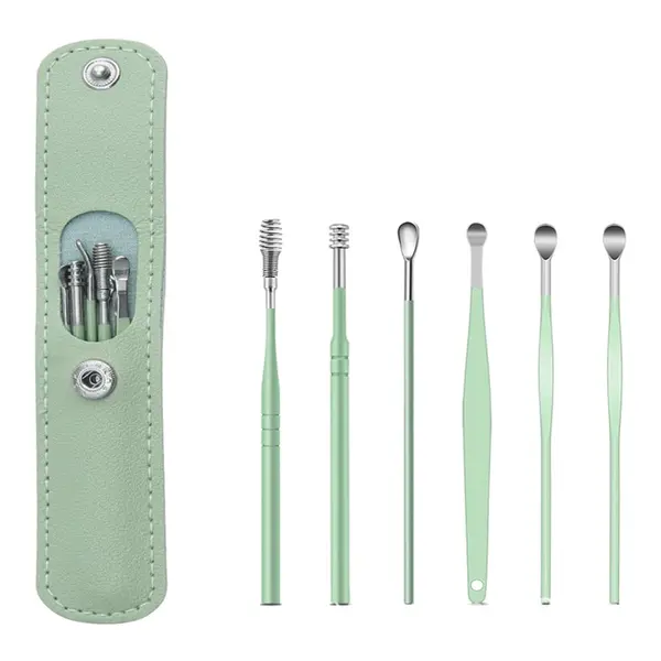 6pcs Ear Cleaning & Pick Set Portable Stainless Steel Set With Lather Case – Color: Green – View 1